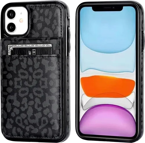 Vista 3 de Vaburs Funda compatible con iPhone 11 con tarjetero de crédito, diseño de guepardo de leopardo negro, cierre magnético de piel sintética de primera