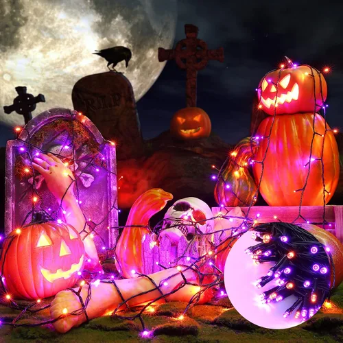 Vista 7 de LYHOPE - Luces de Halloween naranja y morado, 200 luces LED de 72 pies con 8 modos, cadena de luces impermeables operadas por batería