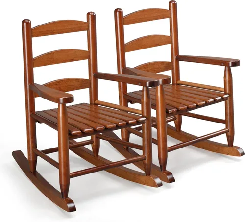 Vista 9 de JOYMOR Silla mecedora de madera para exteriores para niños con respaldo alto, balancín para niños resistente al clima, silla mecedora de patio