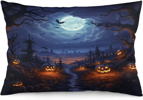 Vista 14 de Fundas de almohada frescas de casa embrujada, castillo, luna, bosque medieval, calabaza, fundas de almohada rectangulares con cremallera invisible