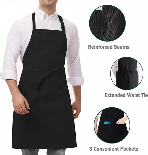 Vista 5 de Paquete de 3 delantales de chef negros y blancos, delantal de cocina ajustable con 3 bolsillos para hombres y mujeres, camarera (polialgodón)