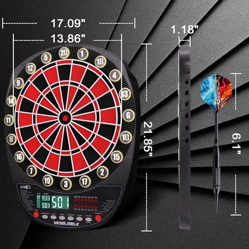 Vista 5 de WIN.MAX Tablero electrónico de dardos de punta suave, juego de pantallas LED, 3 idiomas con 12 dardos 100 puntas adaptador de corriente
