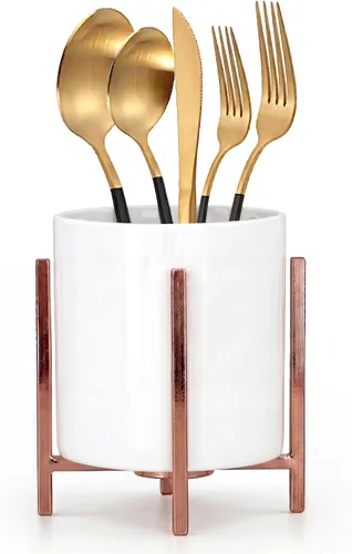 Vista 15 de Organizador de cerámica para cubiertos, soporte redondo para utensilios, soporte para utensilios de cocina para encimera, taza de cerámica con borde