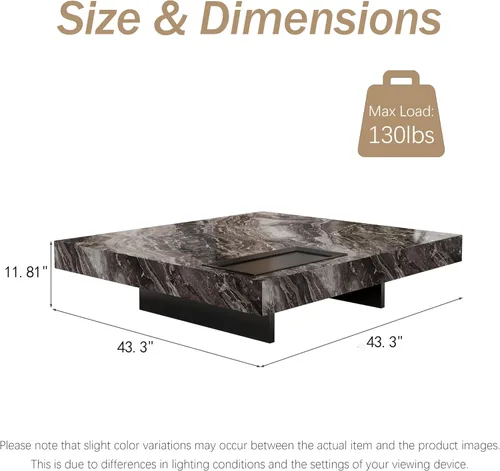 Vista 2 de Mesa de centro cuadrada de 43.3 pulgadas para sala de estar, moderna mesa de centro de piedra sinterizada gris con base de acero al carbono negro