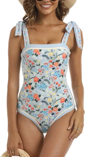 Vista 2 de Aidonger Trajes de baño reversibles de una pieza para mujer, diseño floral, con lazo en el hombro, control de abdomen, adelgazante, cuello cuadrado