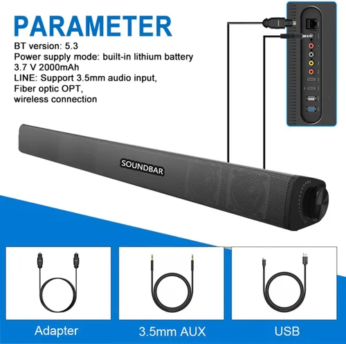 Vista 2 de Barra de sonido portátil para TV/PC, exterior/interior con cable e inalámbrico Bluetooth 5.0 altavoz con control remoto y cable óptico, barra