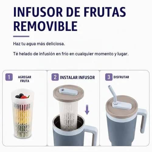 Vista 5 de Vaso aislado de 40 onzas con infusor de frutas, popote y asa Azul