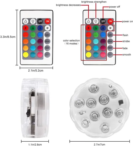 Vista 3 de Luces LED sumergibles con mando a distancia, paquete de 2 luces sumergibles impermeables para piscina, funciona con pilas, luces de estanque