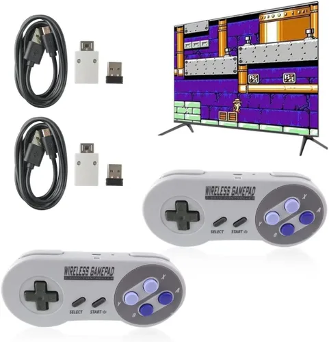 Vista 3 de Controlador inalámbrico para SNES ClassicPC, 2.4G recargable Gamepad Joystick con receptor, con adaptador USB para PC (2 moradas)