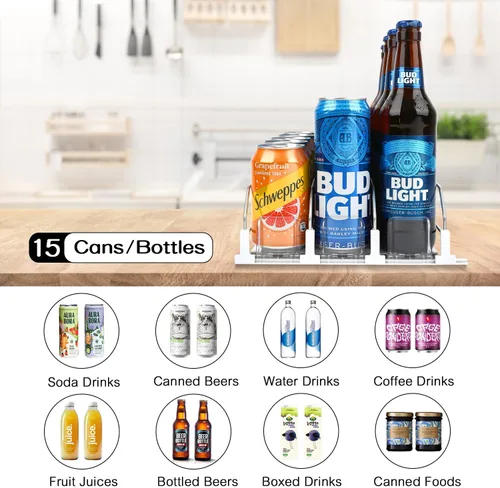 Vista 3 de Dispensador de latas de soda para refrigerador, estante de autoempuje de 3 filas, se adapta a hasta 15 latas, estante de almacenamiento de bebidas