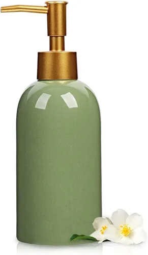 Vista 6 de Dispensador de jabón cilíndrico clásico, botella de cerámica multicolor (negro) Dispensador de jabón con bomba dorada a prueba de óxido