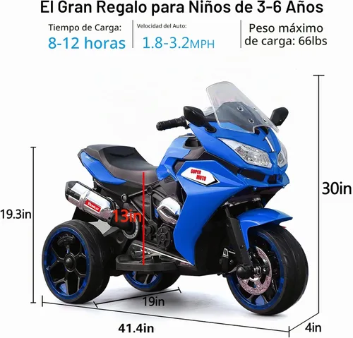 Vista 2 de TAMCO - Motocicleta eléctrica para niños con 3 ruedas, recargable, con ruedas ligeras (azul)