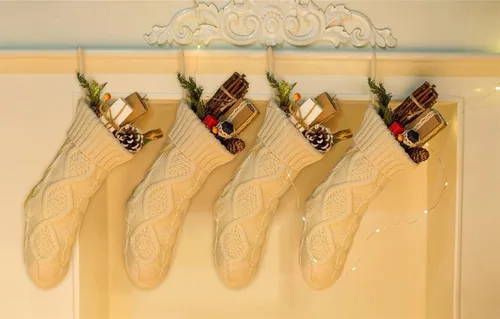 Vista 5 de Paquete de 3 medias de Navidad, 14 pulgadas, calcetines de punto trenzado, regalos y decoración para vacaciones familiares, decoración de fiesta