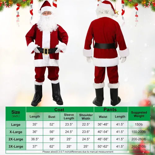 Vista 4 de Disfraz de Papá Noel para hombre Disfraz de Santa Claus de lujo para hombres Traje de Santa Claus para adultos hombres -9 piezas Traje clásico