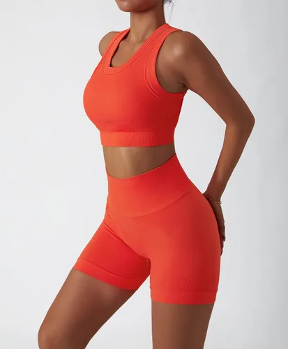 Vista 10 de Conjuntos de entrenamiento para mujer, 2 piezas, sin costuras, acanalada, sin mangas, brasier deportivo, cintura alta, pantalones cortos