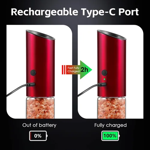 Vista 11 de Vzaahu Gravity - Molinillo eléctrico de pimienta y sal - Juego de 2 molinillo de sal y pimienta recargable de acero inoxidable con luz LED Rojo