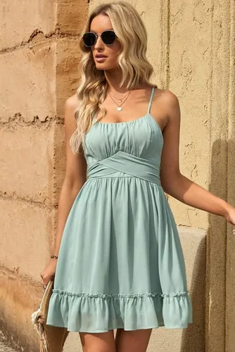 Vista 5 de Dokotoo Vestidos de tirantes delgados para mujer, cuello redondo, lazo, sin mangas, cintura elástica, dobladillo con volantes, acampanado, casual