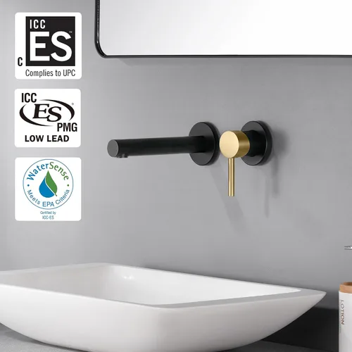 Vista 2 de SUMERAIN Grifo de lavabo de baño montado en la pared, acabado negro y dorado, grifo de lavabo con una sola manija y válvula áspera