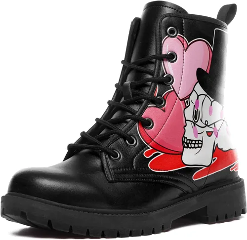 Vista 10 de Botines de combate para mujer, con estampado de corazón, botines cortos de moda con rosas y calavera, botas de trabajo duraderas con cordones
