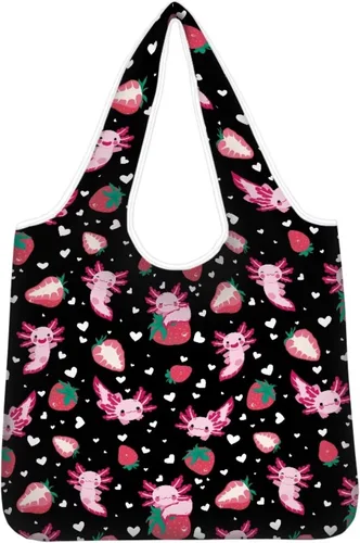 Vista 15 de Belidome Bolsa de comestibles con diseño de donas de ajolotl para compras, lavable, reutilizable, con bolsillo para asa