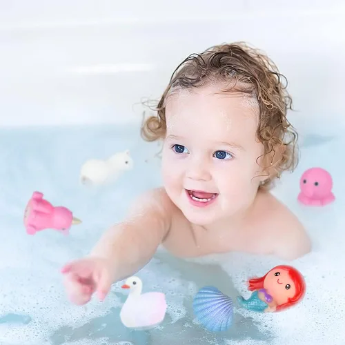 Vista 6 de Juguetes de baño para niños pequeños de 1 a 3 años, sin agujeros, bonitos juguetes de bañera de goma flotante con luz LED colorida intermitente