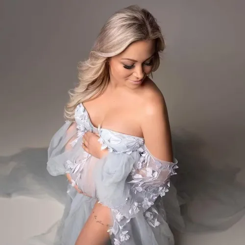 Vista 6 de FONGYUSHUN Vestido de maternidad de tul con apliques para sesión de fotos, manga larga hinchada, lencería nupcial, vestido de embarazo, vestido