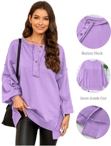Vista 11 de AlvaQ - Sudadera de gran tamaño para mujer, informal, de manga larga, con botones y cuello Henley, tipo túnica