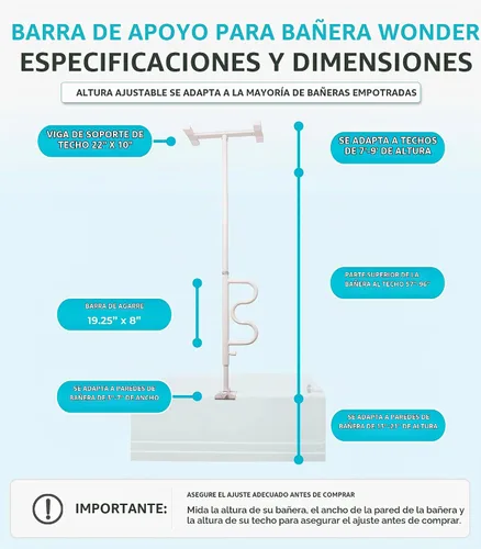 Vista 8 de Stander Wonder - Poste de bañera con barra de seguridad y barra de agarre curva, mango de ducha ajustable para bañeras, abrazadera en el riel