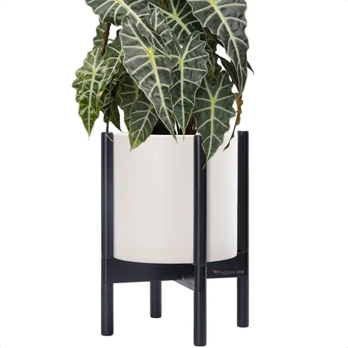 Vista 65 de Maceta de D'vine Dev con soporte - Maceta de flores de cilindro de plástico de 8.0 pulgadas con soporte de madera para interiores, maceta mate negra