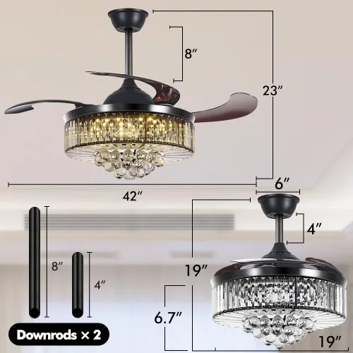 Vista 4 de BIGBANBAN - Ventilador de techo de 42 pulgadas con luz, ventilador de techo retráctil de cristal LED para dormitorio, sala de estar, comedor
