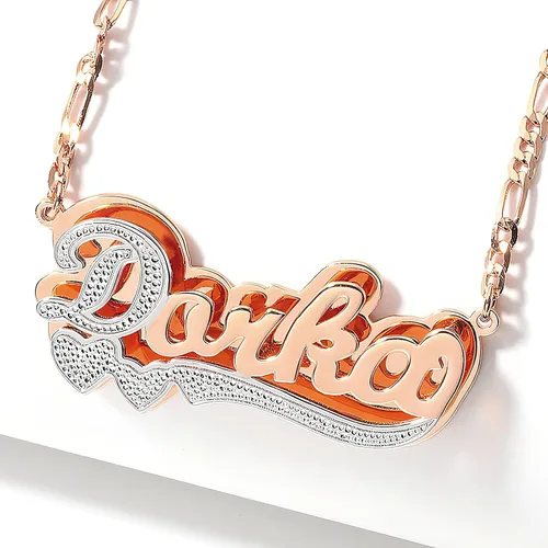 Vista 2 de Drawelry Collar con nombre personalizado de dos tonos, placa de oro de 18 quilates, doble chapado en corazón hecho en corazón, collar con dije