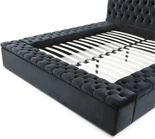 Vista 9 de Pemberly Row Cama de plataforma tamaño Queen con cabecero, pie de cama, plataforma, listones de madera en terciopelo, con almacenamiento en negro