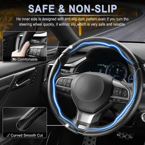 Vista 8 de Amiss 3 piezas de cubierta de volante de fibra de carbono antideslizante, diseño de mariposa impermeable y segmentado, protector de rueda