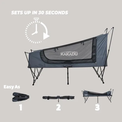 Vista 7 de Kakadu Tienda de Campamento Cuna, para 1 Persona, Configuración Fácil en 1 Minuto, Plegable, Compacta, Tienda Elevada con Toldo Impermeable
