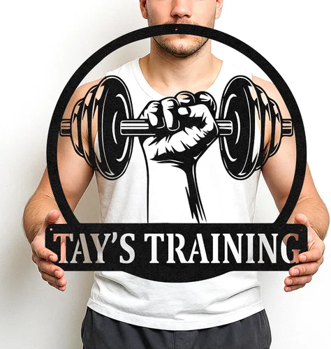 Vista 12 de Cartel de metal personalizado para gimnasio con nombre, arte de pared para sala de entrenamiento en casa, garaje, espacio de fitness, decoración