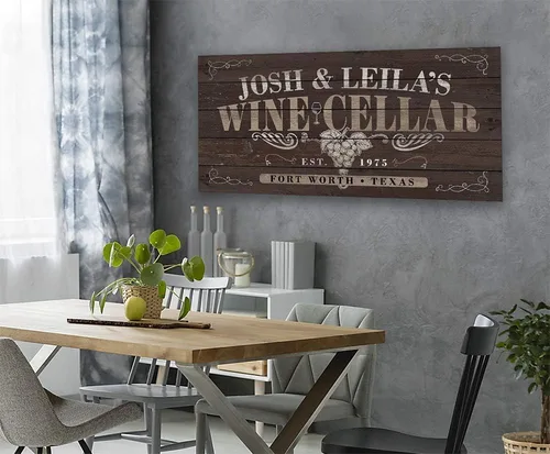 Vista 2 de Personalized Wine Cellar 12x24 Stretched Canvas Ready to Hang – Custom Wall Art with Name, Year, and Location, Rustic Wood Style Design for Home Bar