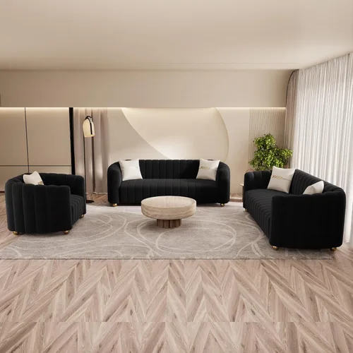 Vista 16 de Moderno juego de sofá de terciopelo negro de 3 piezas para sala de estar, juego de sofá curvado acolchado con patas de esfera de metal dorado