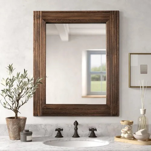 Vista 10 de Espejo de pared de madera empalmada hecha a mano para baño, espejo de tocador rústico estilo granja, arte de pared de decoración, marco de madera