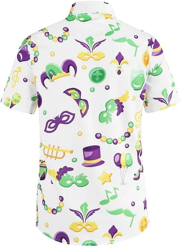 Vista 2 de yolsun Camisa de Mardi Gras para hombre, con cuentas, manga corta, casual, con botones, hawaiana, fiesta en la playa