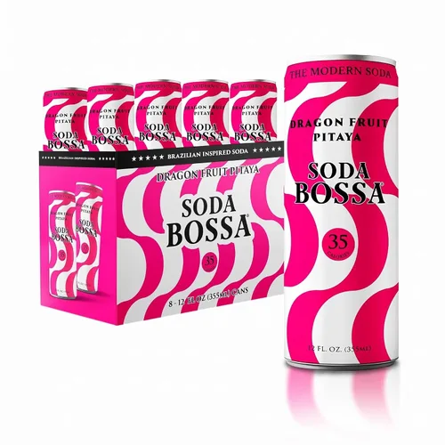 Vista 3 de Soda Bossa Soda sana espumosa, fruta del dragón, baja en calorías, sin gluten y sin OMG, sin culpa e hidratante, soda natural, latas de soda