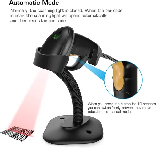 Vista 4 de Esup Escáner de código de barras con soporte Escáner de código de barras USB Lector de código de barras láser de mano con soporte ajustable