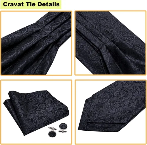 Vista 4 de BarryWang Ascot Cravat - Corbata cuadrada de seda jacquard con bolsillo para hombre