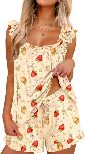 Vista 20 de Ekouaer Conjunto de pijama para mujer, conjunto de 2 piezas con volantes, camiseta sin mangas suave y pantalones cortos, conjunto de pijama de novia