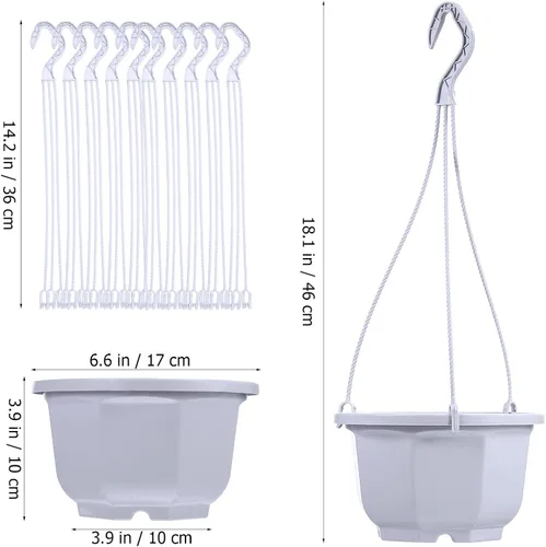Vista 2 de 8-Inch Hanging Planters Octagonal Plastic Flower Pots with Hook, 10pcs Indoor Hanging Plant Baskets for Balcony and Garden, White Gardening