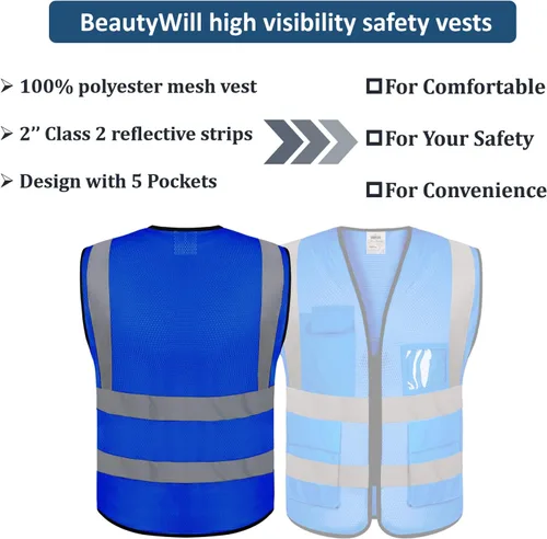 Vista 4 de BeautyWill Chaleco de seguridad con logotipo personalizado Class2 Chaleco reflectante de alta visibilidad con bolsillos y cremallera chaleco