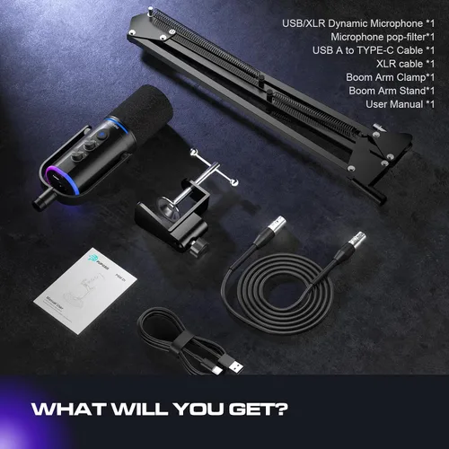 Vista 8 de PUPGSIS - Micrófono de podcast XLR/USB, micrófono para juegos con botón de silencio, efectos de reverberación, cancelación de ruido, soporte
