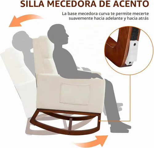 Vista 5 de Yaheetech Mecedora, moderna silla deslizante, sillón reclinable con patas de madera y bolsillo lateral, silla mecedora para guardería con respaldo