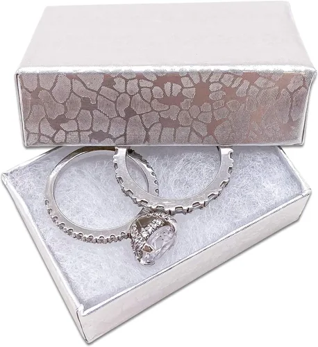 Vista 13 de TheDisplayGuys - Paquete de 100 cajas de cartón rellenas de algodón #33 para joyas, papel de aluminio plateado (3.5 x 3.5 x 1.0 pulgadas)