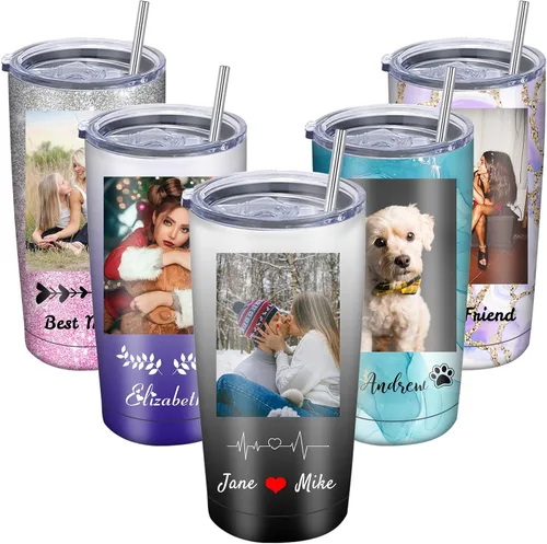 Vista 10 de Vaso personalizado con nombres de imagen, tapa y pajita, taza de café personalizada de 20 onzas, vasos aislados personalizados de acero inoxidable