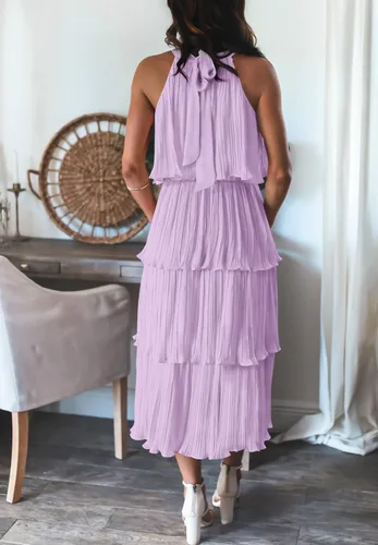 Vista 4 de ZESICA Vestido largo midi de gasa con capas escalonadas y cuello halter para mujer, 2023